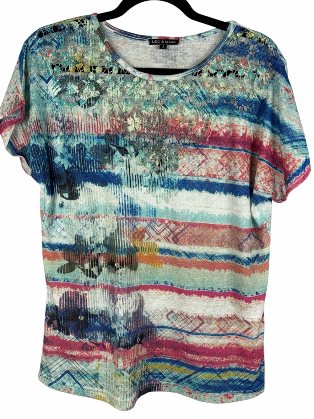 Leo & Ugo Size 2 Multicolor Abstract Print Lace Detail Dolman Sleeve Top